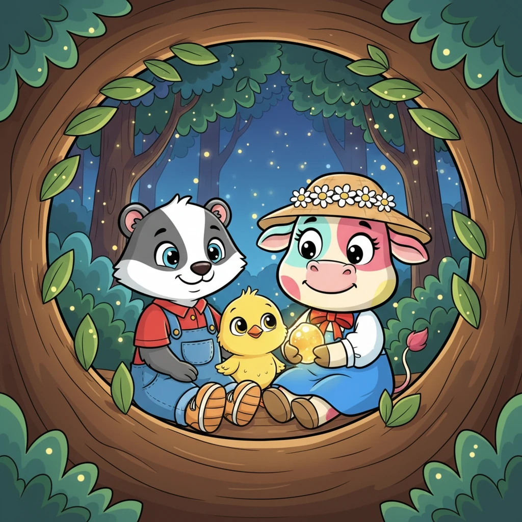 Full of warmth and joy, Pip snuggled between Barnaby and Daisy, looking out at the twinkling forest from his glowing home. Sharing the magical berry had made their friendship even stronger, and they knew many more wonderful adventures awaited them in Whiskerwood Forest.