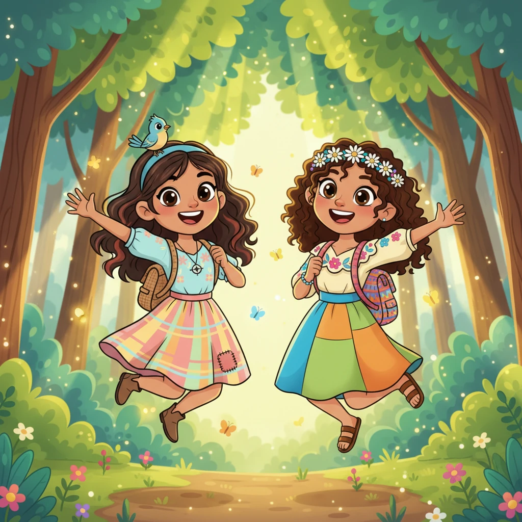 Emily y Alondra, dos chicas risueñas, saltan hacia un bosque vibrante, sus ojos brillando con emoción por la aventura. La luz del sol se filtra entre las hojas mientras comienzan su emocionante viaje hacia lo desconocido. Llevan pequeñas mochilas, listas para cualquier cosa.