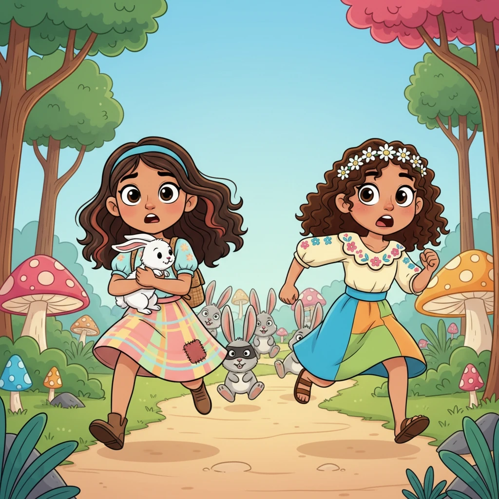 Sintiendo el peligro, Emily y Alondra toman al conejito y salen corriendo, con los "conejos malos" pisándoles los talones. Sus ojos están muy abiertos por la sorpresa y un toque de miedo, pero sujetan firmemente al conejito. La persecución ha comenzado por los sinuosos senderos del bosque.