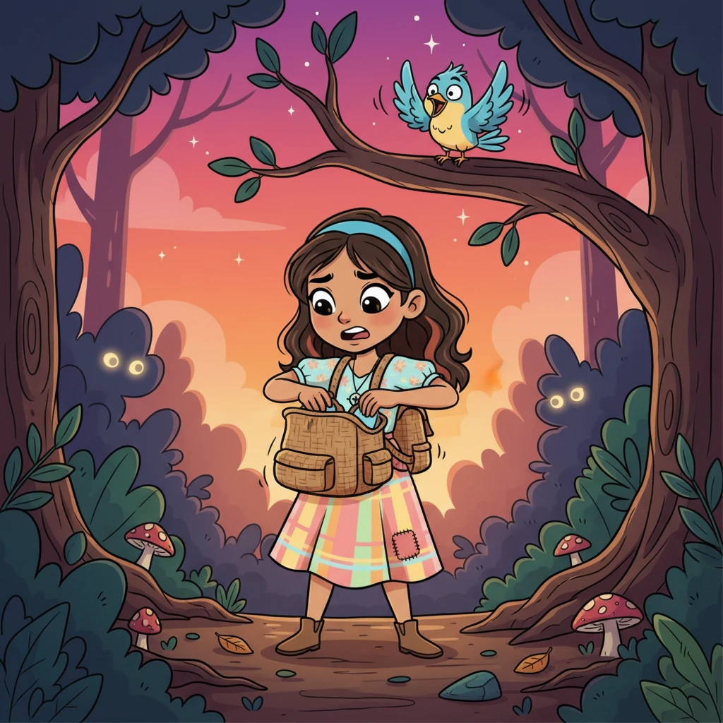 Al caer el crepúsculo, pintando el cielo en tonos de naranja y púrpura, Emily busca frenéticamente en su mochila su linterna. Alondra valientemente hace guardia, haciendo caras graciosas y gestos para distraer a los implacables perseguidores, dándole a Emily un tiempo precioso. El bosque se vuelve más oscuro y misterioso.