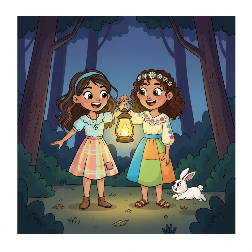 "¡Ya encontré la linterna!" grita Emily triunfalmente, sacando una linterna amarilla y brillante. Alondra se une rápidamente a ella, aliviada. Pero justo en ese momento, el conejito salta de los brazos de Emily y desaparece entre las sombras que se profundizan, dejándolas perplejas. Les preocupa que se haya perdido de nuevo.