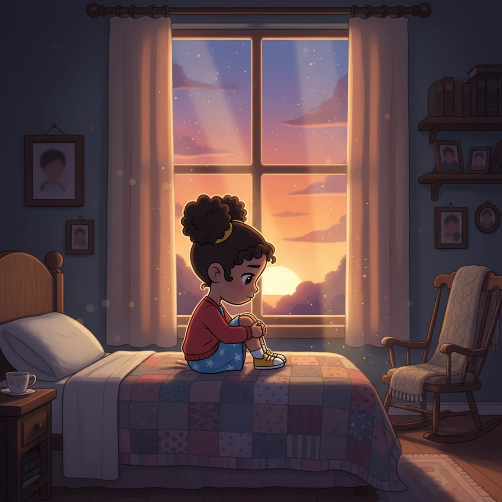 Lily sat on her bed, a small, sad figure silhouetted against the setting sun. Her heart ached for Grandma, who was now gone. The house felt quiet and empty without Grandma's warm smile and comforting hugs.