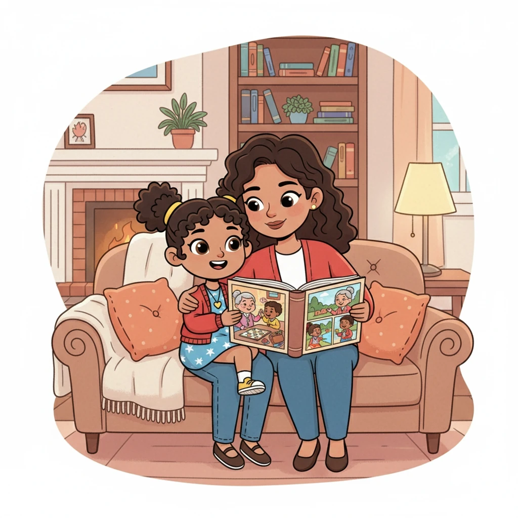 Lily's mother gently came in and sat beside her, offering a warm embrace. 'Let's remember Grandma,' she said softly. She opened a photo album filled with pictures of Grandma laughing, playing, and living her life to the fullest.