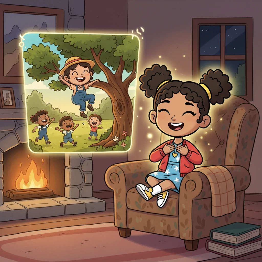 Another night, the story was about Grandma's childhood adventures, climbing trees and making friends. Lily giggled, picturing a young Grandma, full of energy and mischief. Lily started to feel a warmth spread through her, a feeling like Grandma was still with her.