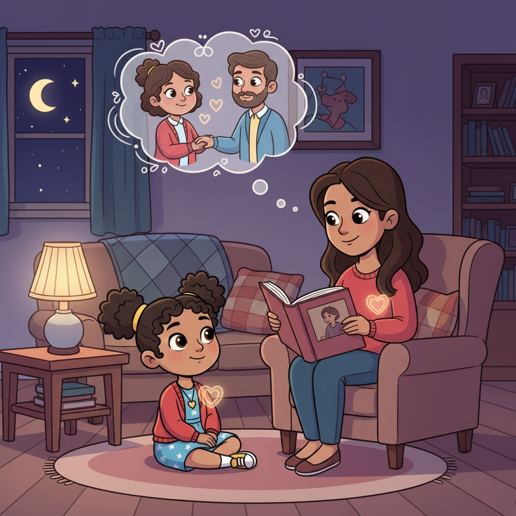One evening, Lily's mother told the story of Grandma meeting Grandpa, a tale of love at first sight. Lily's heart swelled with the warmth of the story. She realized that Grandma's love was still alive in her own heart and in the stories.