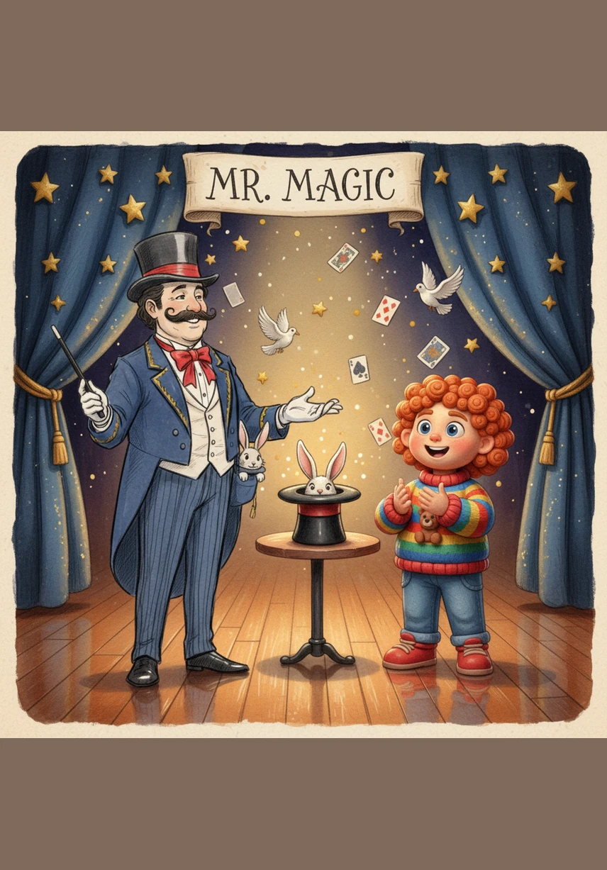 Mr. Magic, a cheerful clay magician with a tall hat and a friendly smile, stands on a vibrant stage next to a large, striped magic box. The textures of the hand-sculpted clay are visible, from his curly hair to the glossy finish of the stage. He gestures toward the mysterious box, inviting the audience to wonder what secrets are hidden inside.