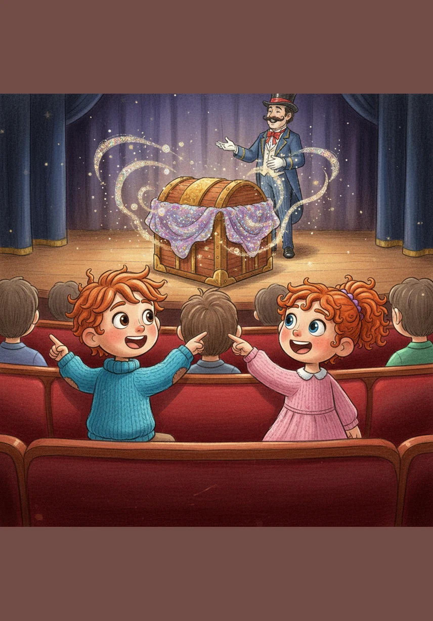 In the front row of the audience, two clay children named Sam and Macy lean forward with wide, curious eyes. Sam wears a bright blue sweater and Macy wears a soft pink dress, both pointing at the giant box with excitement. They are eager to start the guessing game and see what magical surprises await them.