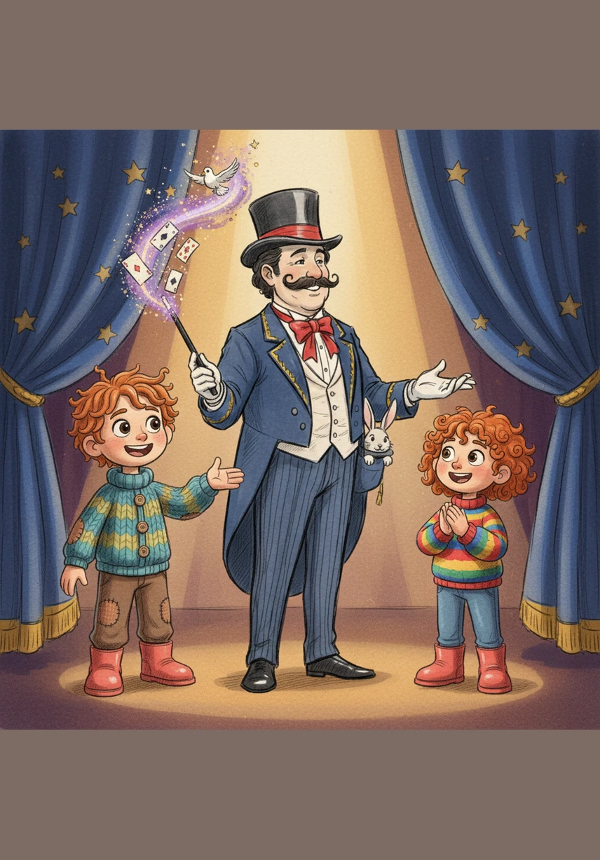 With another flick of his wand, Mr. Magic makes a bright blue clay number two pop out of the box. He tells the children that these two pets can talk to people but they definitely cannot swim in the water. Sam and Macy exchange looks of wonder, trying to think of animals that can speak.