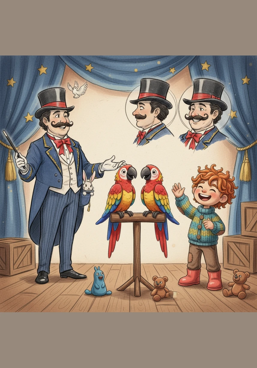 Two vibrant, multicolored clay parrots appear on a wooden perch, their feathers looking like individually layered pieces of clay. They tilt their heads and look ready to chatter, showing off their bright red, yellow, and blue wings. The children laugh as the parrots join the growing group of pets on the stage.