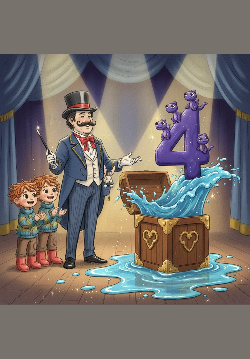 A splash of blue clay water hits the stage as a purple clay number four emerges from the magic box. Mr. Magic explains that these four pets cannot hop like bunnies, but they are the best swimmers in the world. The stage lights shimmer off the water, creating a magical atmosphere.