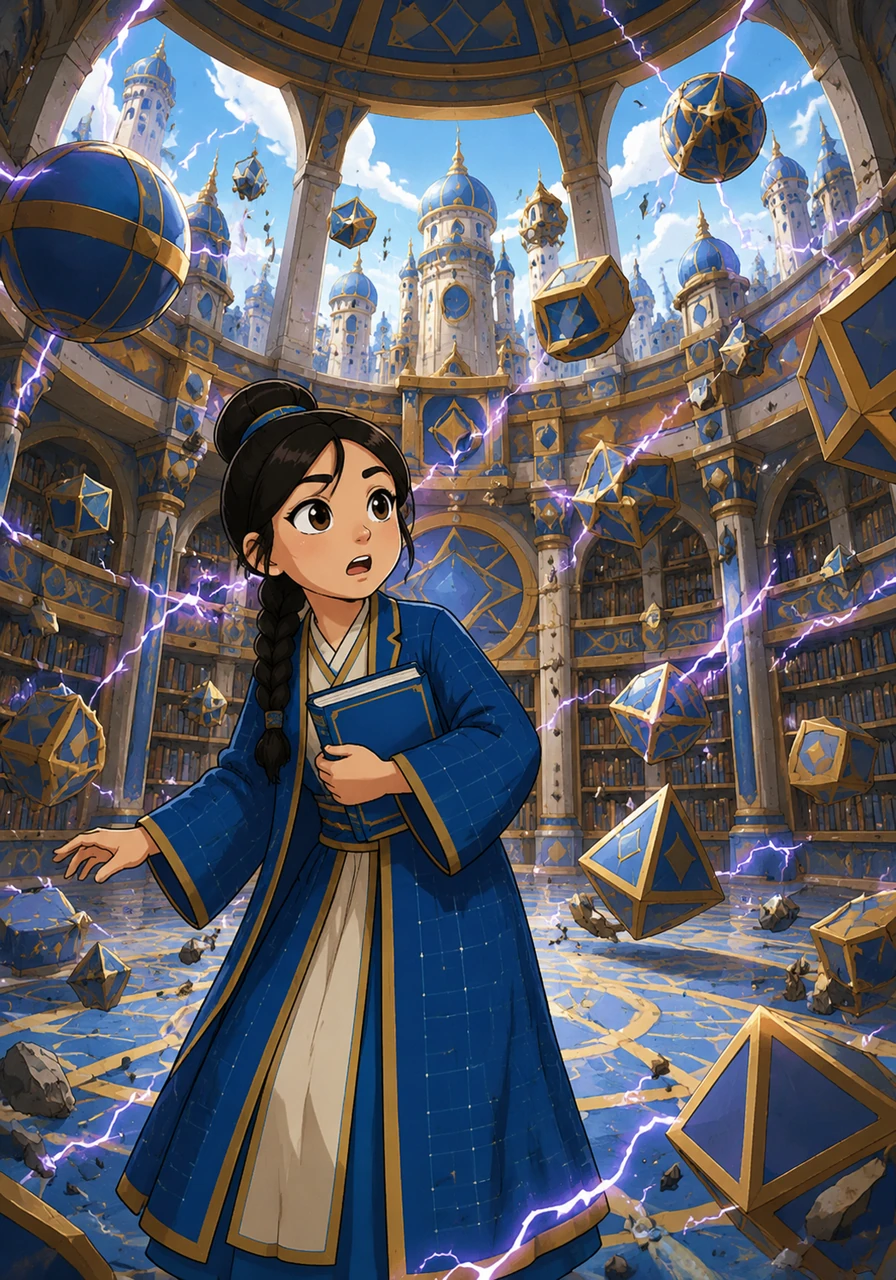 In the vibrant, geometric kingdom of Equalia, buildings are shaped like perfect curves and towers rise in symmetrical harmony. Altynai, a young scholar wearing a robe patterned with faint mathematical grids, notices a sudden tremor shaking the grand library. The air crackles with strange energy as the kingdom's foundational symbols begin to drift and lose their alignment.