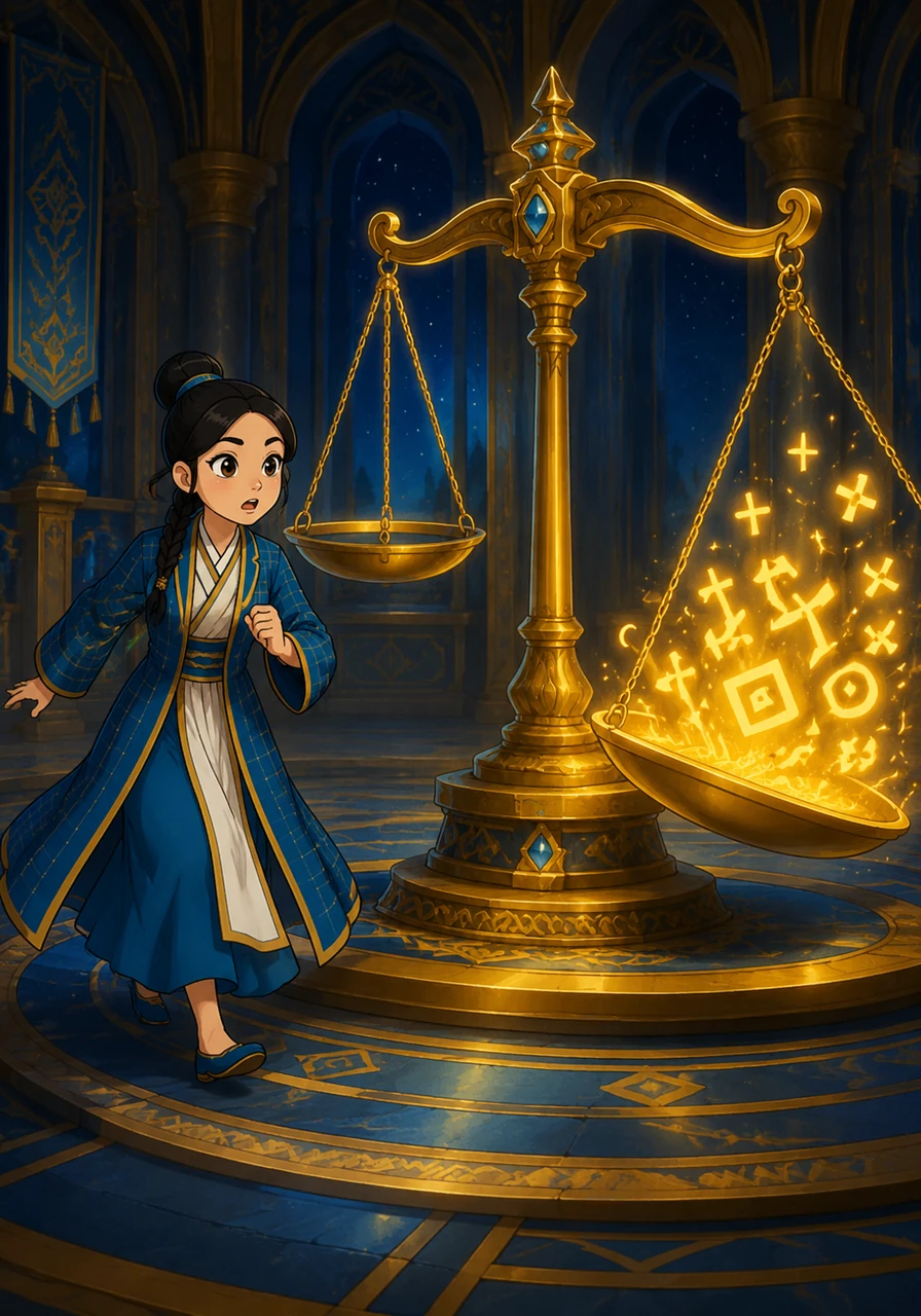 Altynai hurries to the Great Hall where the ancient Golden Scale rests, the artifact that maintains balance throughout the land. She discovers the scale tipped heavily to one side, weighed down by glowing, shifting symbols representing an unsolved quadratic equation. To save her home, she realizes she must find the two hidden roots that will bring the scale back to a perfect equilibrium.