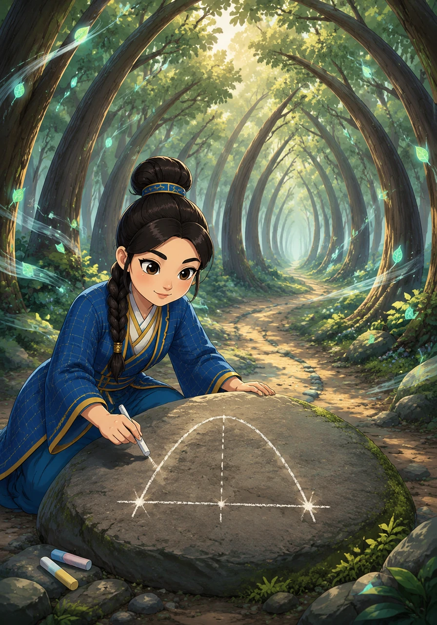 Her journey begins in the Whispering Woods, where the trees grow in the precise shape of elegant, sweeping parabolas. As Altynai walks along the curved paths, the rustling leaves whisper secrets about the discriminant, warning her to look closely at where the roots meet the earth. She uses her chalk to sketch the curves on a smooth rock, searching for the points where the path intersects the horizon.