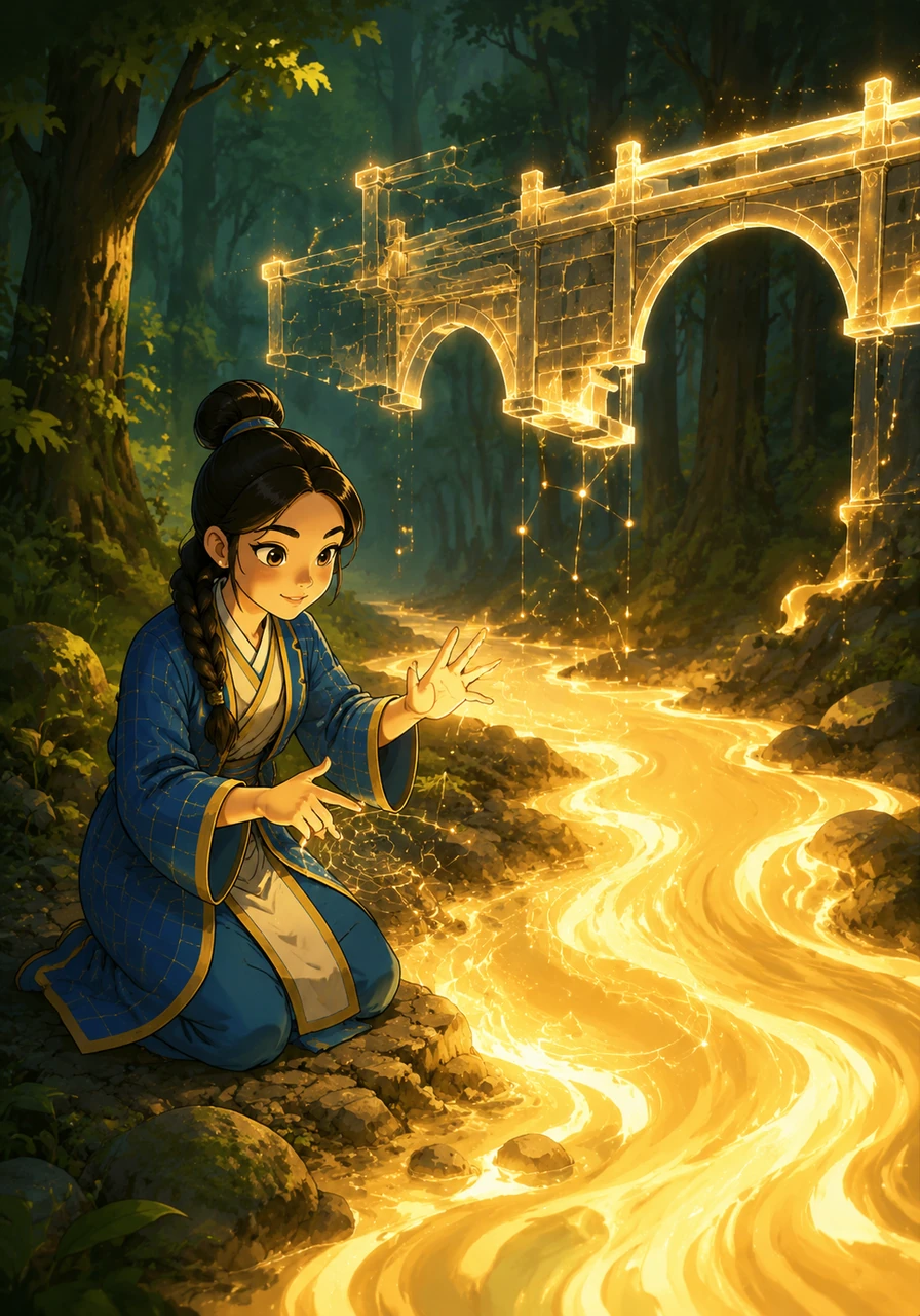 Deep in the forest, she encounters a shimmering river made of pure, flowing liquid light that blocks her path. Above the river hangs a magical, incomplete bridge that requires a specific numerical value to extend across the chasm. Altynai kneels by the bank and carefully calculates the value of b squared minus four a c, watching the water glow brighter as she unlocks the first secret of the equation.