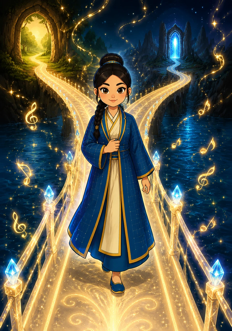 With the discriminant calculated and revealing itself to be a positive number, the glowing bridge magically extends, confirming that two distinct paths exist forward. Altynai steps confidently onto the bridge of light, watching reflections of mathematical symbols dance in the moving water below. The air fills with a harmonious chime as she successfully navigates the first major challenge of her quest.