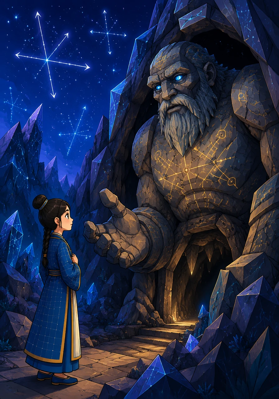 The path leads her high into the Geometric Mountains, where sharp, angular cliffs rise against a sky filled with starry constellations shaped like coordinate planes. Here, she meets a wise old stone golem who guards the Formula Cave, his chest etched with ancient mathematical glyphs. The golem challenges Altynai to recite the full quadratic formula before he will grant her passage into the sacred cavern.
