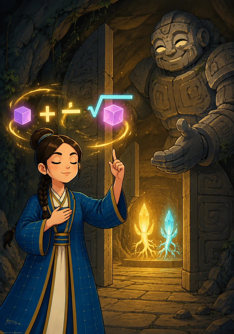 Altynai closes her eyes, takes a deep breath, and confidently recites the formula, visualizing the negative b, the plus or minus, and the square root over two a. Impressed by her clarity and knowledge, the giant stone golem smiles and steps aside, causing the heavy stone doors of the cave to grind open with a rumbling sound. Inside, a soft golden light reveals the two hidden crystal roots she has been searching for.