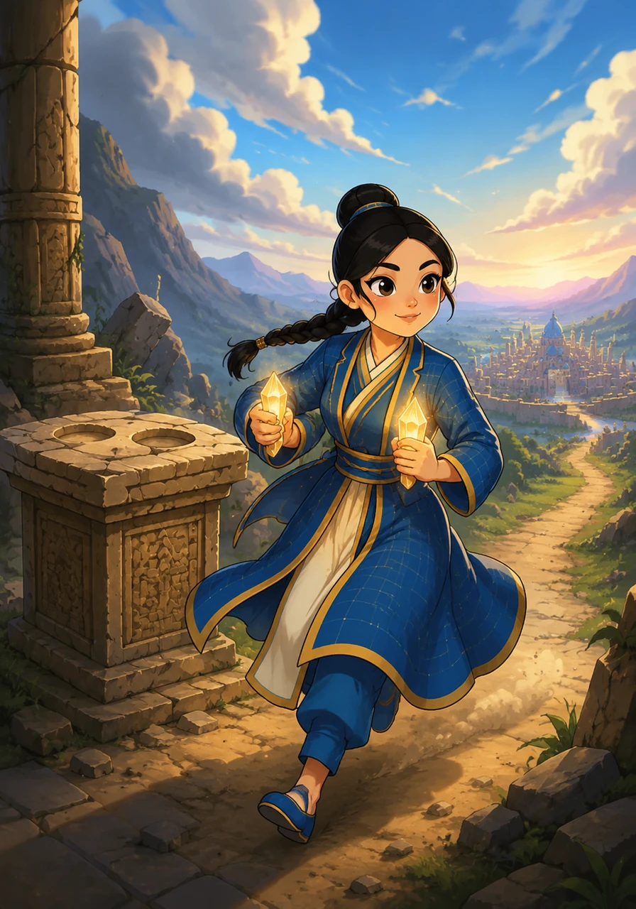 She carefully approaches the pedestal and retrieves the two glowing crystals, one representing the positive root and the other the negative root. The crystals pulse with a warm, steady energy in her hands, perfectly mirroring each other's mathematical beauty. With the two vital solutions finally in her possession, Altynai turns and races back toward the capital city as the sky begins to clear.