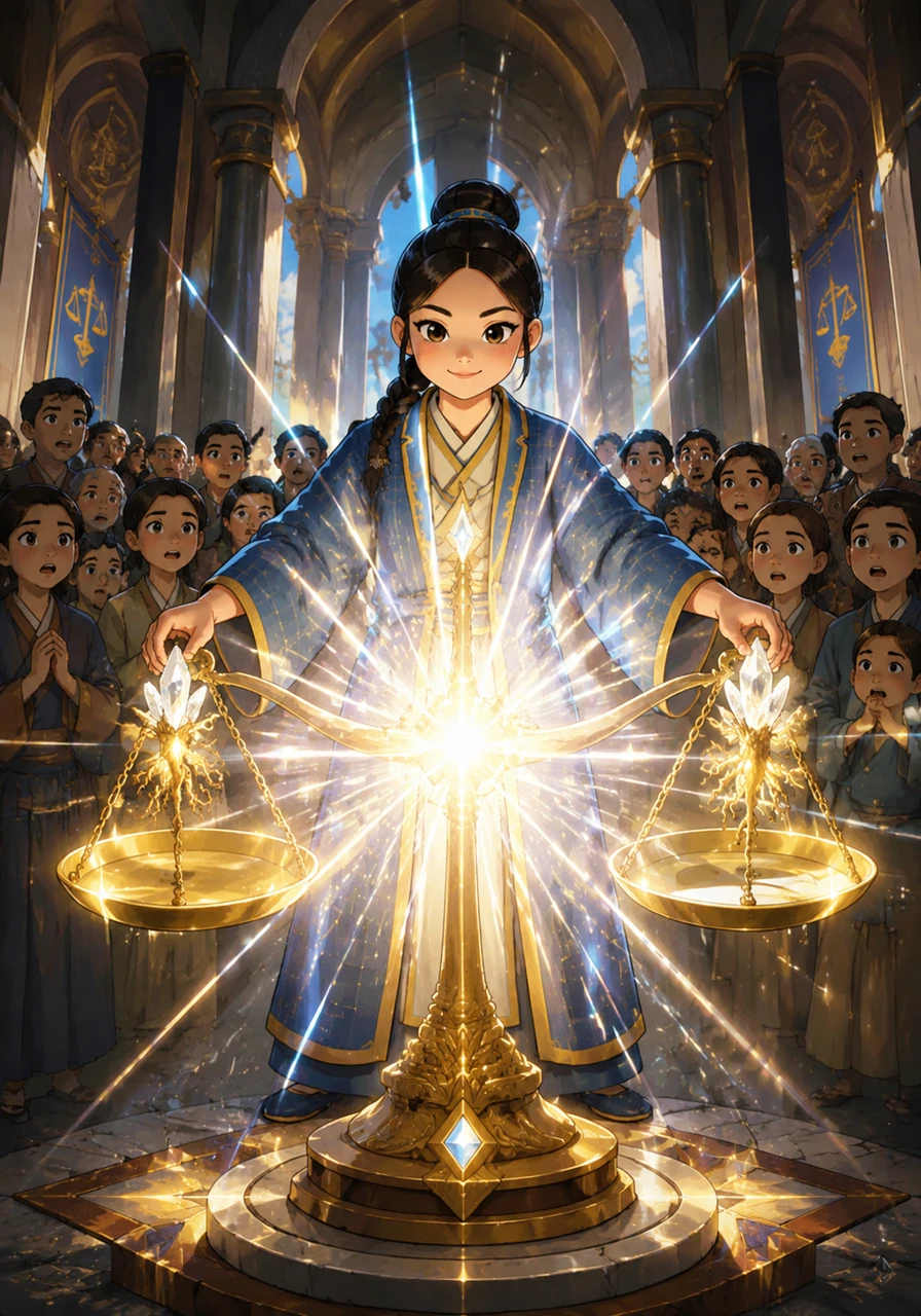 Returning to the Great Hall of Equalia, Altynai approaches the tipped Golden Scale surrounded by anxious citizens. She places the first crystal root onto the left pan and the second crystal root onto the right pan, holding her breath as the magical artifacts interact. A brilliant flash of silver and gold light fills the room, obscuring the scale for a brief, tense moment.
