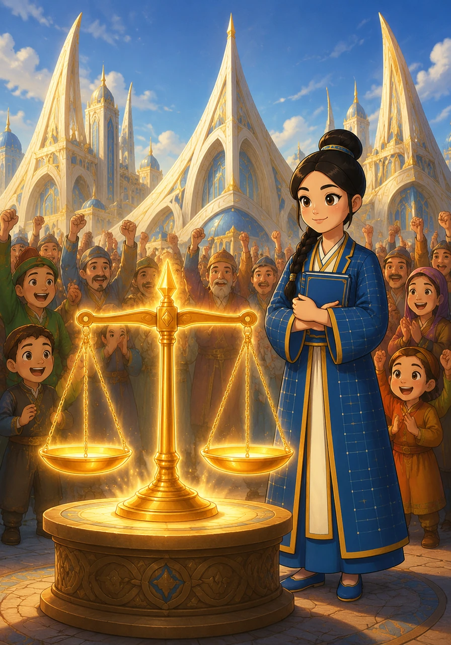 The light fades to reveal the Golden Scale resting in absolute, perfect balance, bathed in a serene and steady glow. Outside, the kingdom's architecture stabilizes, and the sweeping parabolic towers shine beautifully under a peaceful sky. The citizens cheer for Altynai, celebrating the young scholar who used the power of quadratic equations to bring harmony back to their world.