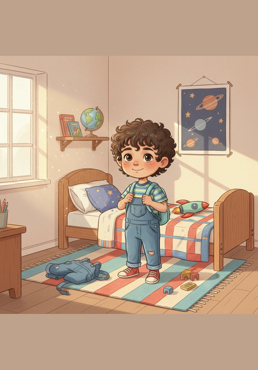 ألبسُ ملابسي المدرسيةَ الزرقاءَ النظيفةَ وأرتبُ سريري الصغيرَ بنشاطٍ وحيويةٍ قبلَ مغادرةِ الغرفةِ.