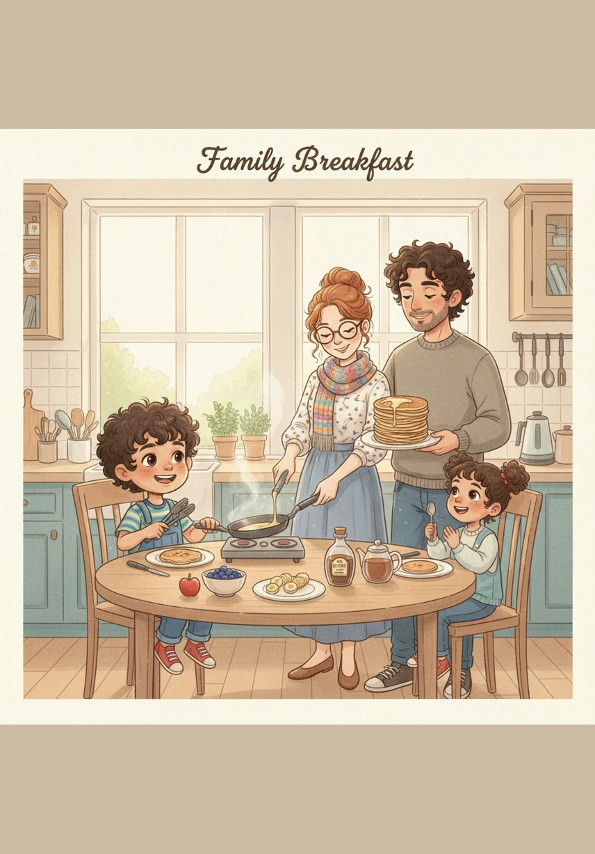 نأكلُ طعامَ الفطورِ الصحيَّ واللذيذَ مع العائلةِ حولَ المائدةِ المستديرةِ في المطبخِ المشرقِ.