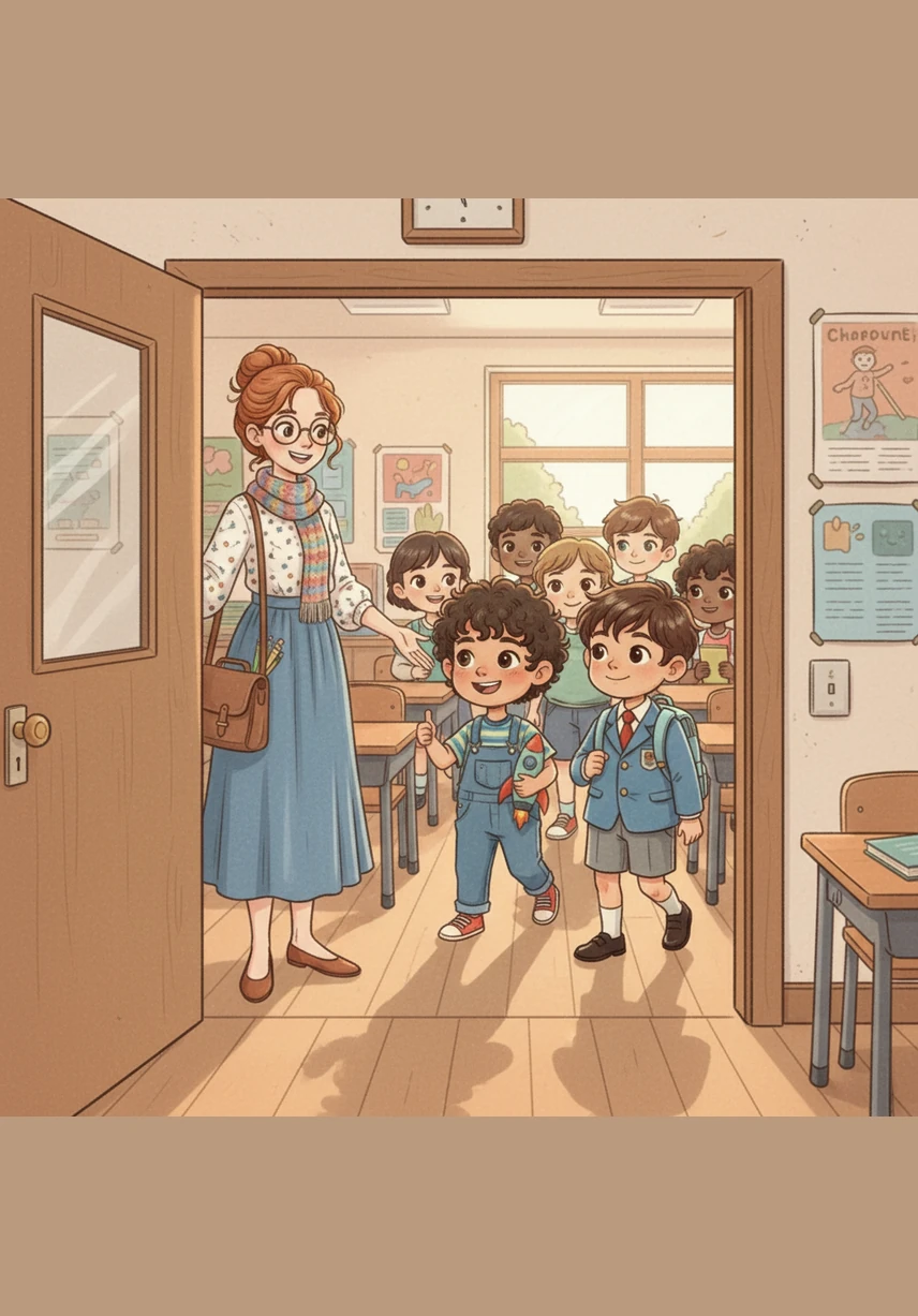 تفتحُ المعلمةُ اللطيفةُ بابَ الصفِ وتستقبلُ الطلابَ بابتسامةٍ رقيقةٍ وكلماتٍ ترحيبيةٍ دافئةٍ.