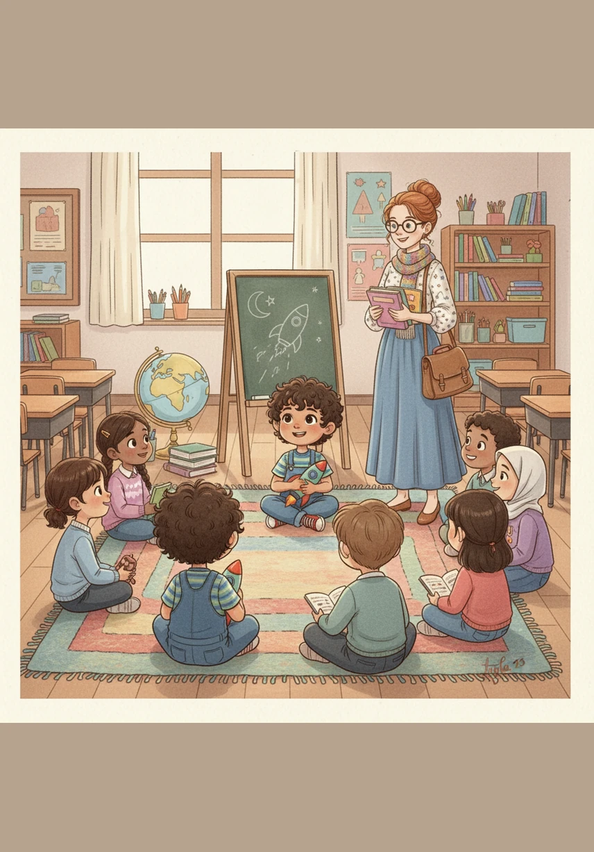 نجلسُ على المقاعدِ الخشبيةِ المرتبةِ ونفتحُ الكتبَ الملونةَ لنبدأَ رحلةَ العلمِ والمعرفةِ معًا.