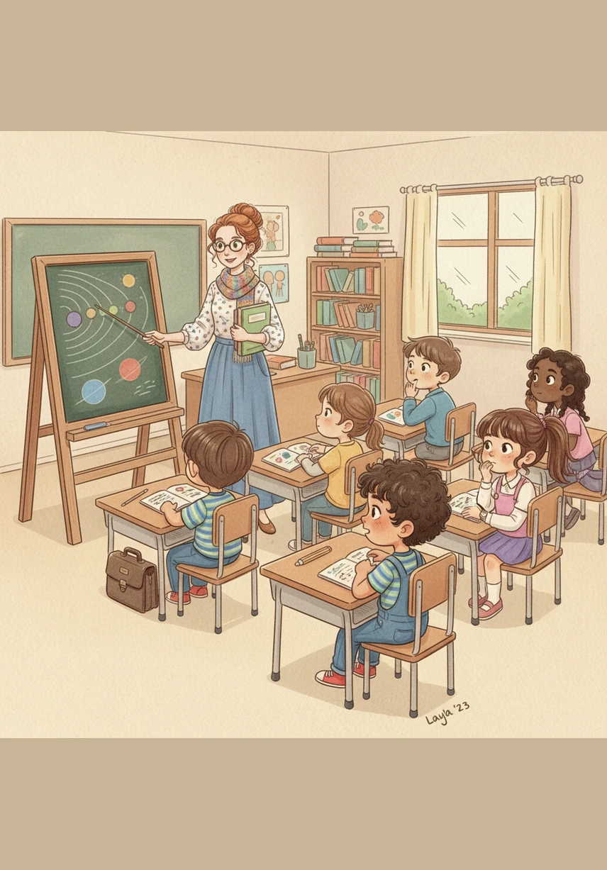 تشرحُ المعلمةُ الدرسَ بوضوحٍ تامٍ ويستمعُ إليها جميعُ الطلابِ باهتمامٍ وتركيزٍ شديدينِ.