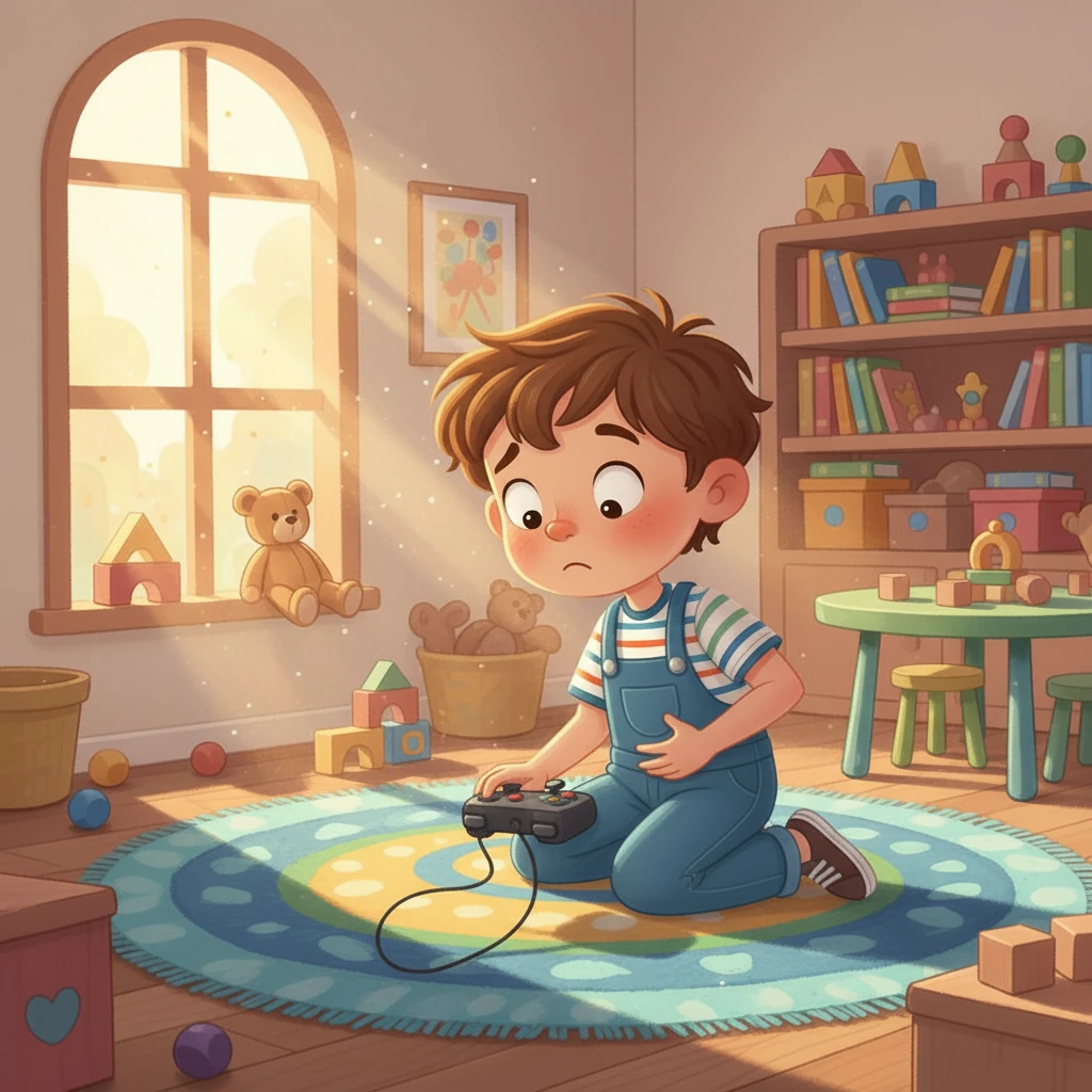 Waylon paused his game, a puzzled look on his face. He felt a little wiggle and a pressure he didn't quite understand. He glanced down at himself, wondering what was happening.