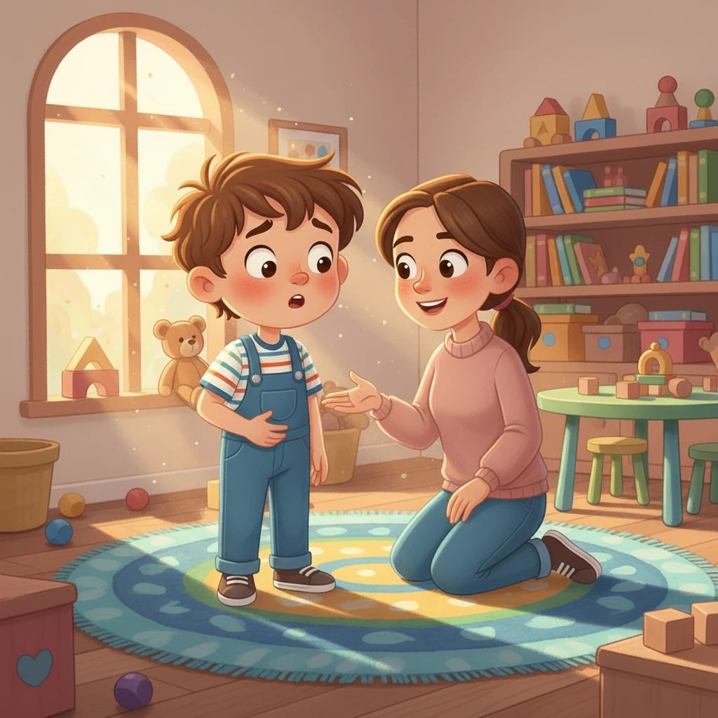 Waylon's mommy gently reminded him, "Waylon, do you need to go pee pee?" Waylon's eyes widened as the feeling intensified. He had a sudden realization of what he must do.