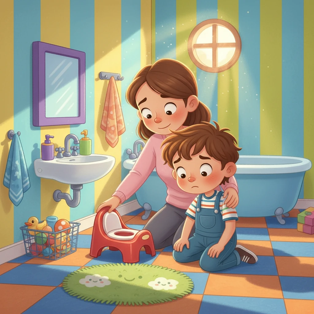 Mommy swiftly guided Waylon to the bathroom. He looked around in a haze, seeing the brightly colored walls and the familiar potty chair.  They sat on the floor, ready to take care of business.