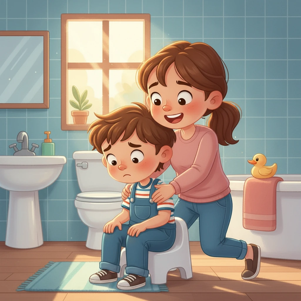 Waylon tried his best to use the potty. He sat on the seat and focused. Soon, Waylon felt a big relief, and his mommy gave him a big hug.