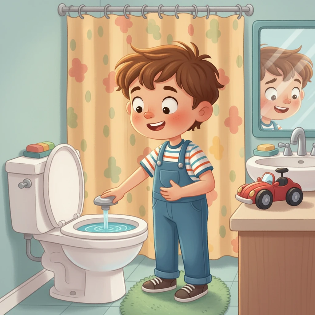 Waylon proudly flushed the toilet. He felt so grown up and accomplished. After washing his hands, Waylon smiled and was ready to go back to playing with his car, now with a new understanding of his body.