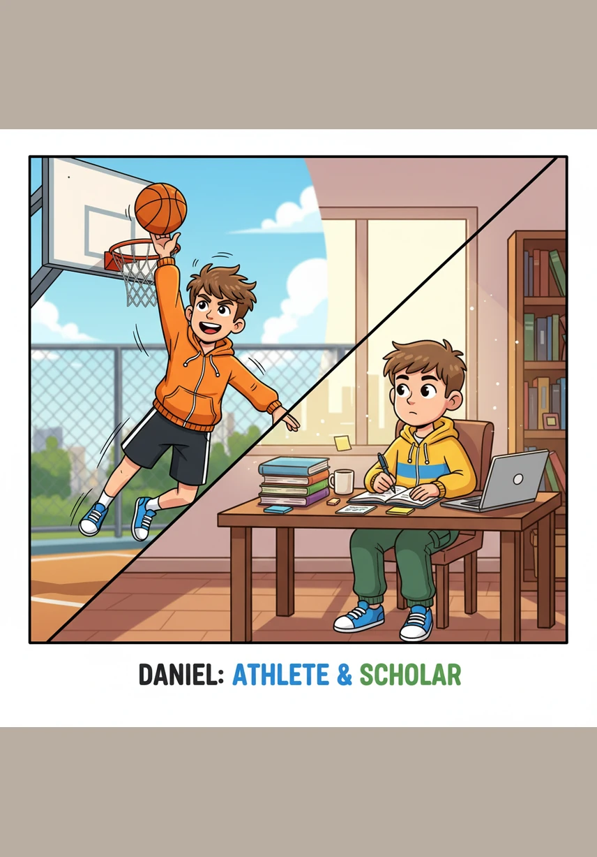 达尼尔的生活动静结合，他既是足球场上飞奔抢球的健将，也是画架前静心创作的小画家。足球带给他力量与团队协作的快乐，而画笔则让他能够描绘出脑海中那个五彩斑斓的世界。