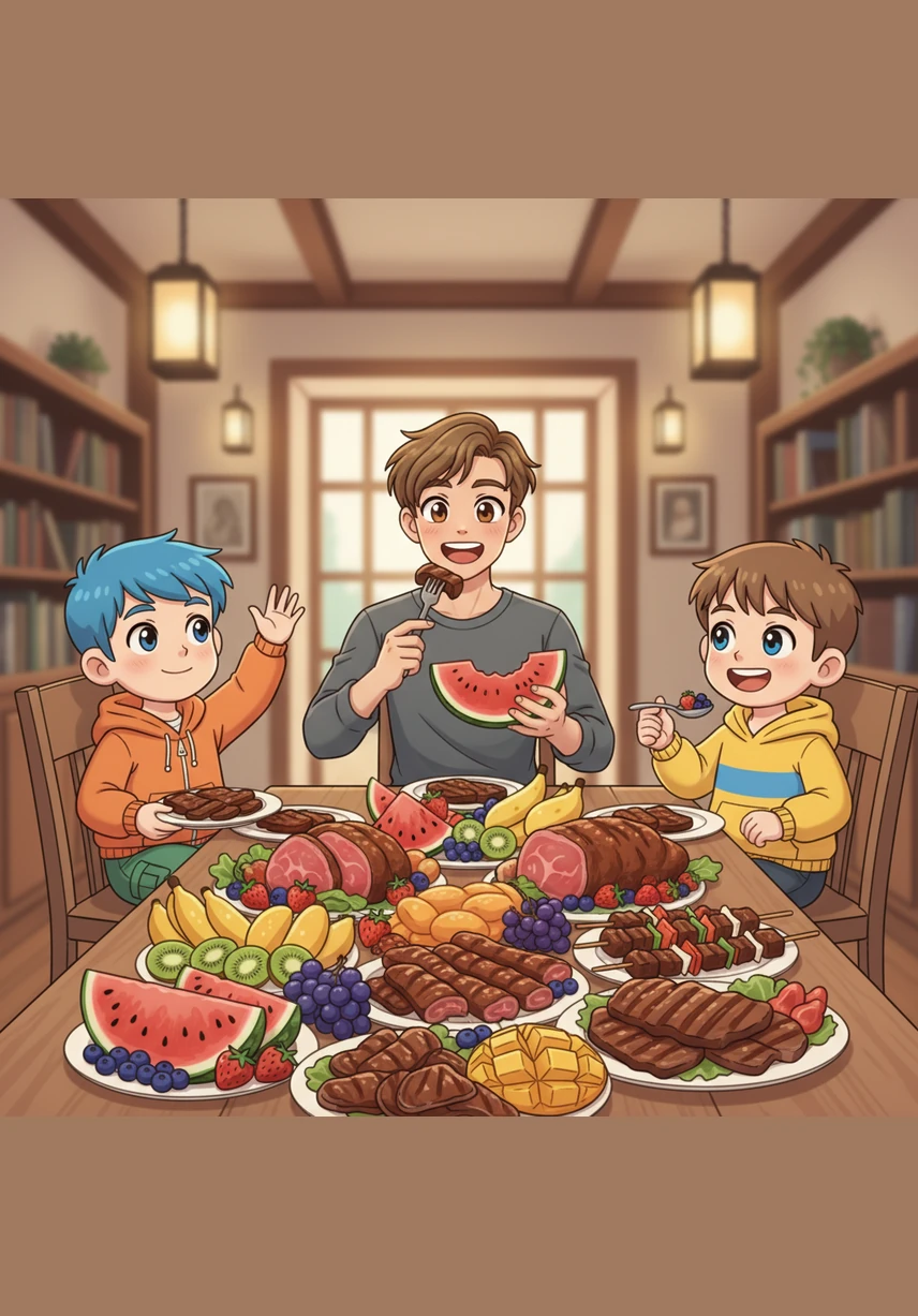 美食也是达尼尔生活中的一大乐趣，清甜多汁的水果和香气扑鼻的牛肉是他的最爱。每当餐桌上摆满这些美味，他总是吃得津津有味，感受着食物带来的幸福感与能量。