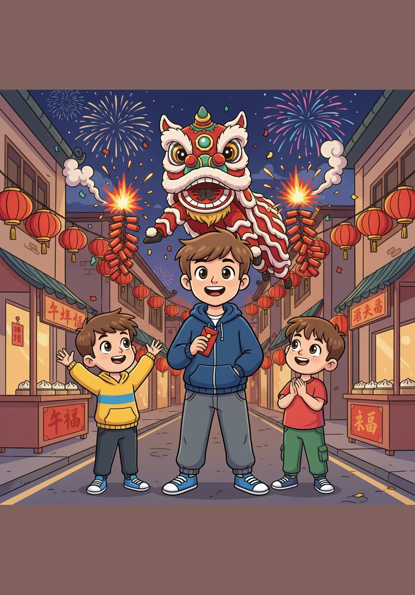 春节是达尼尔最期待的传统节日，街道上锣鼓喧天，精彩的舞狮表演让他目不暇接。他开心地接过长辈们给的红包，在浓浓的年味中感受着传统文化的独特魅力。