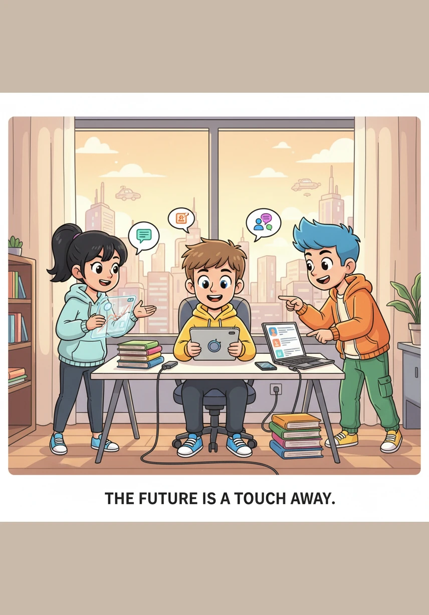 达尼尔感叹现代科技让生活变得如此方便快捷，无论是获取知识还是与朋友联络都近在咫尺。他在智能设备的辅助下高效地学习和生活，对充满无限可能的未来充满了期待。