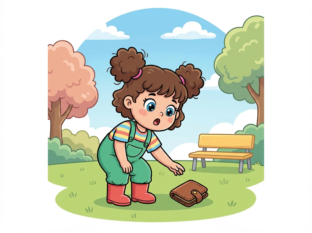 Kiki si kucing kecil sangat suka bermain. Suatu hari, saat bermain di taman, dia menemukan sebuah dompet yang terjatuh.