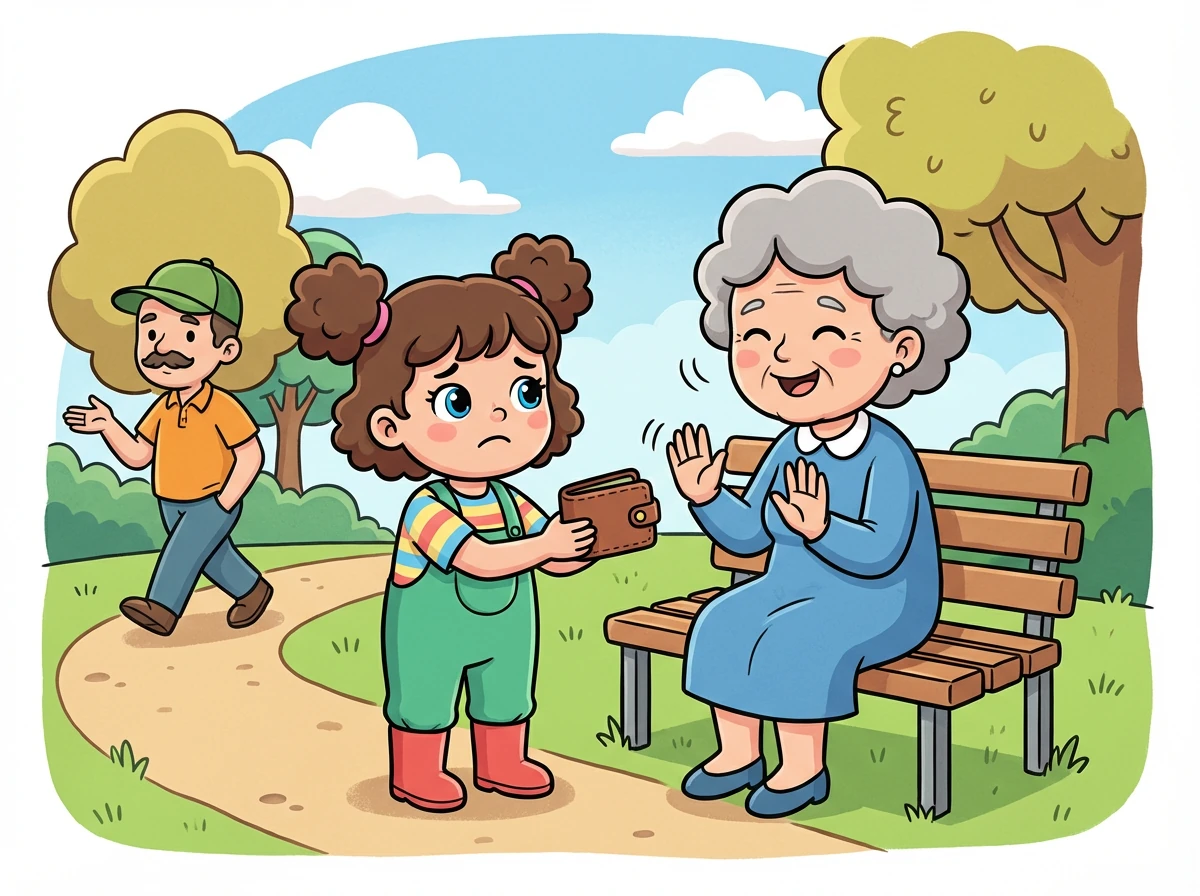 Dengan berat hati, Kiki memutuskan untuk mencari pemilik dompet itu. Dia bertanya kepada semua orang di taman, tetapi tidak ada yang mengaku kehilangan dompet.