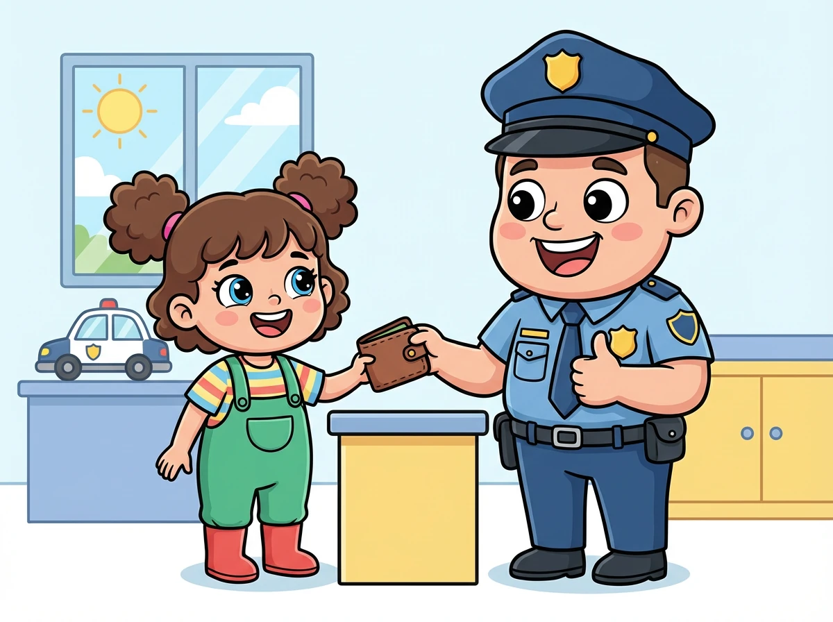 Kiki kemudian pergi ke kantor polisi untuk menyerahkan dompet yang ditemukannya. Pak Polisi sangat senang dengan kejujuran Kiki.