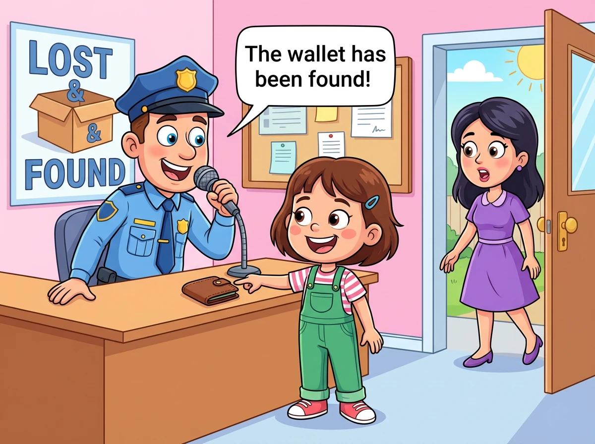 Pak Polisi mengumumkan penemuan dompet itu di radio. Tidak lama kemudian, seorang ibu datang ke kantor polisi dan mengaku kehilangan dompetnya.