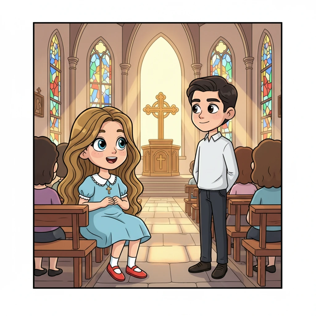 Vitória assiste à missa na igreja, seus olhos azuis brilhando enquanto canta. Ela frequentemente lança olhares discretos pelos bancos, seu coração batendo um pouco mais forte ao avistar Afonso, alto e bonito com seu corte de cabelo rente. Os olhos escuros e profundos dele às vezes encontram os dela, contendo uma pergunta silenciosa.