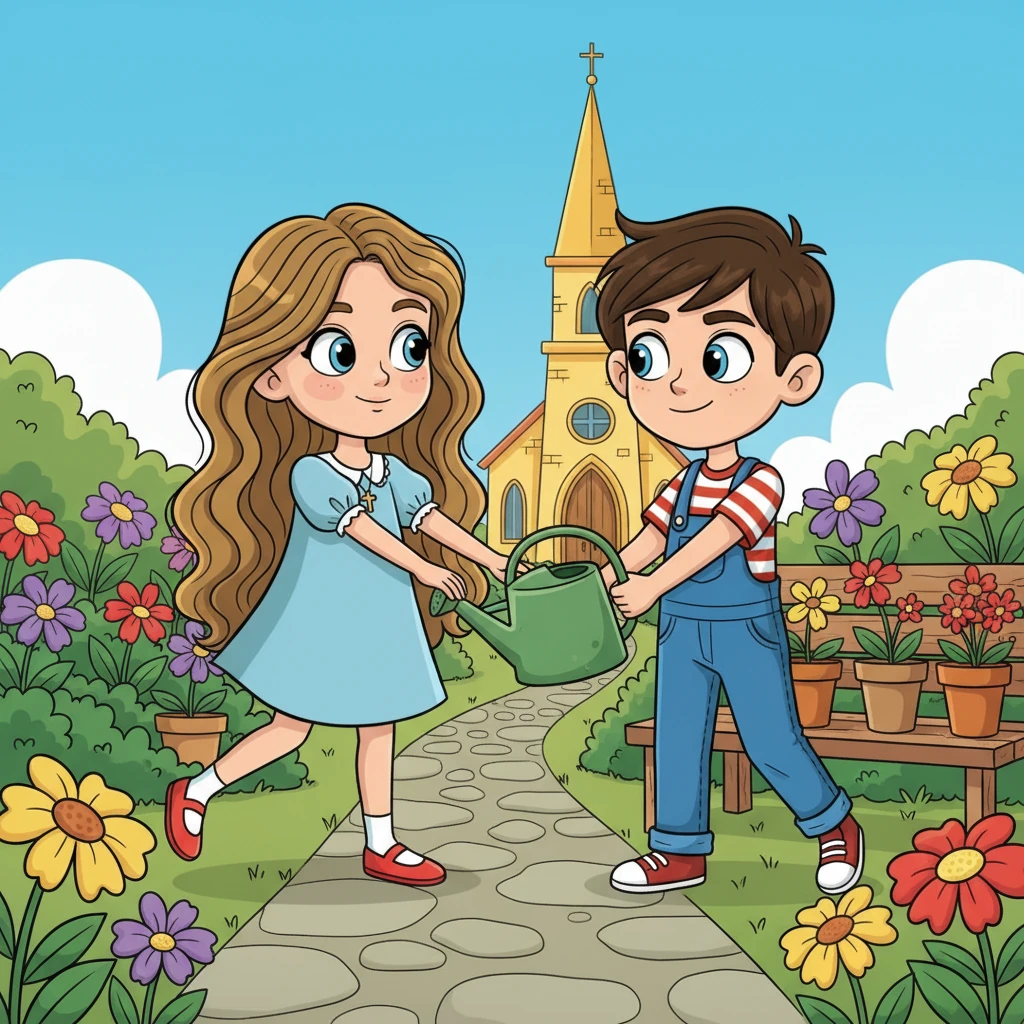 Numa tarde ensolarada, enquanto ajudavam a arrumar o jardim da igreja, Vitória e Afonso se encontram trabalhando lado a lado. As mãos deles se roçam ao alcançar um regador, provocando um rubor tímido nas bochechas de Vitória. Os olhos geralmente sérios de Afonso se enrugam nos cantos enquanto ele lhe oferece um sorriso brincalhão.