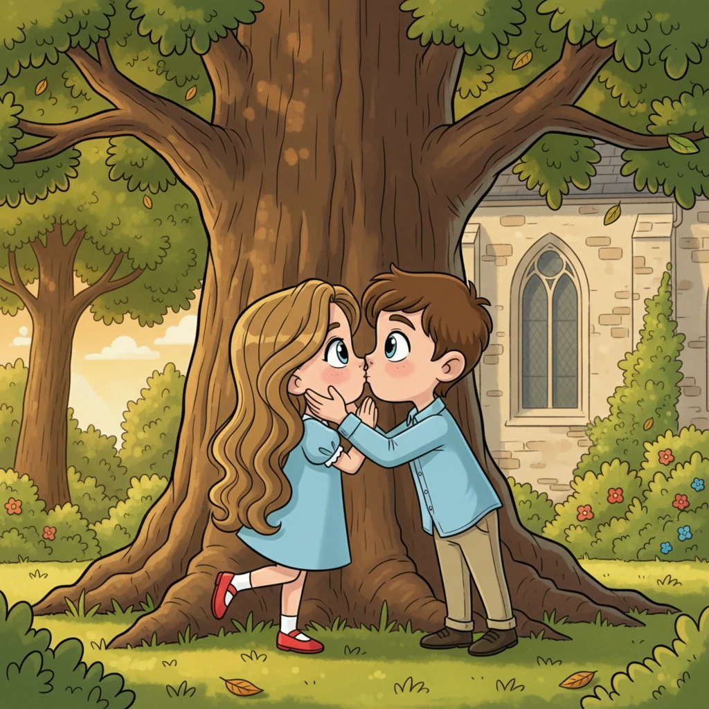 Mais tarde naquele dia, escondidos atrás de um carvalho gigante no pátio da igreja, seus corações batem como pequenos tambores. Afonso gentilmente segura o rosto de Vitória, e seus lábios se encontram para um primeiro beijo doce e rápido. É um momento secreto, cheio de uma emocionante mistura de alegria e excitação nervosa.