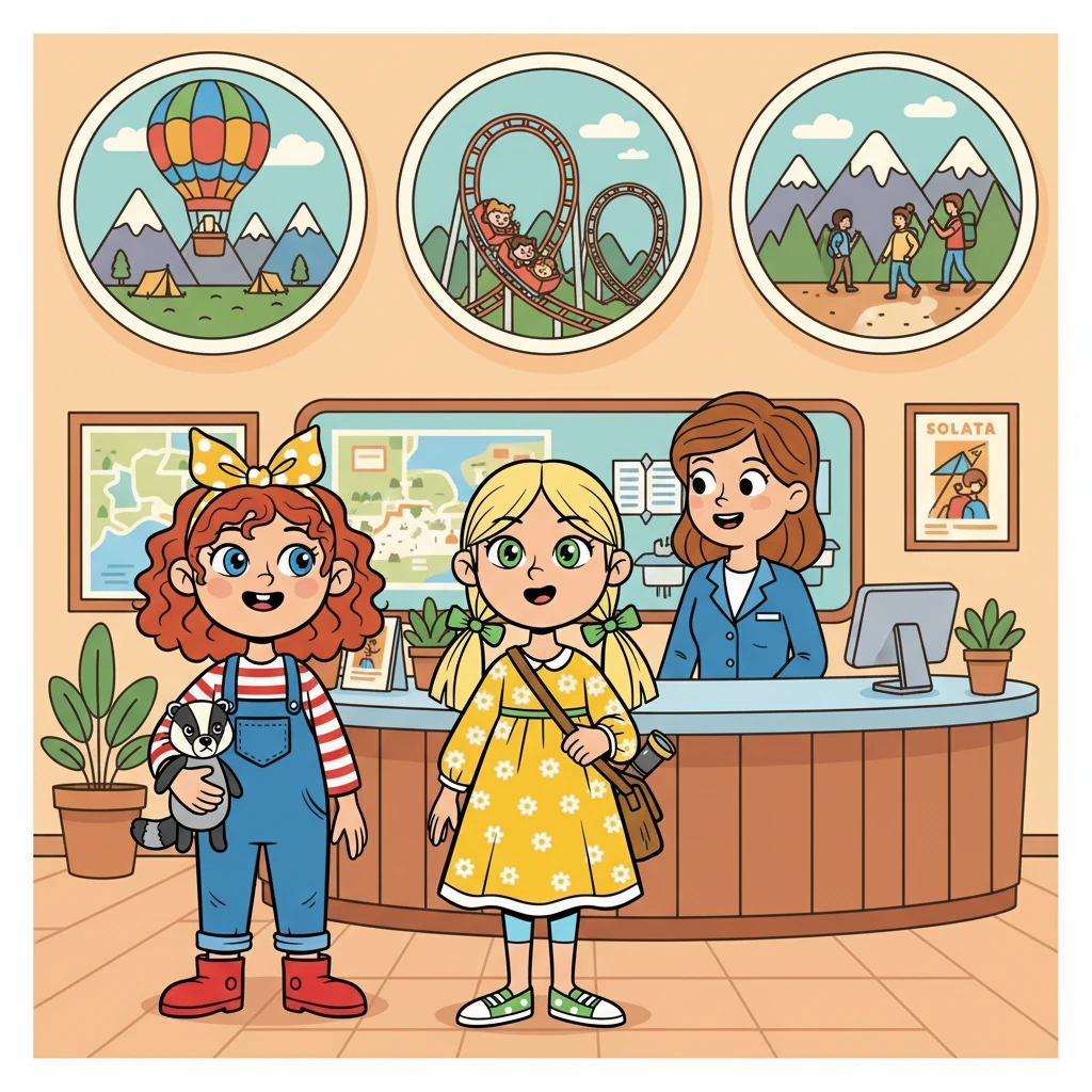"Puoi andare in campeggio, puoi fare un giro sulle montagne russe, puoi volare in mongolfiera!" disse l'impiegata. Irene e Agnese si guardarono. "Wow! Sembra bellissimo!"