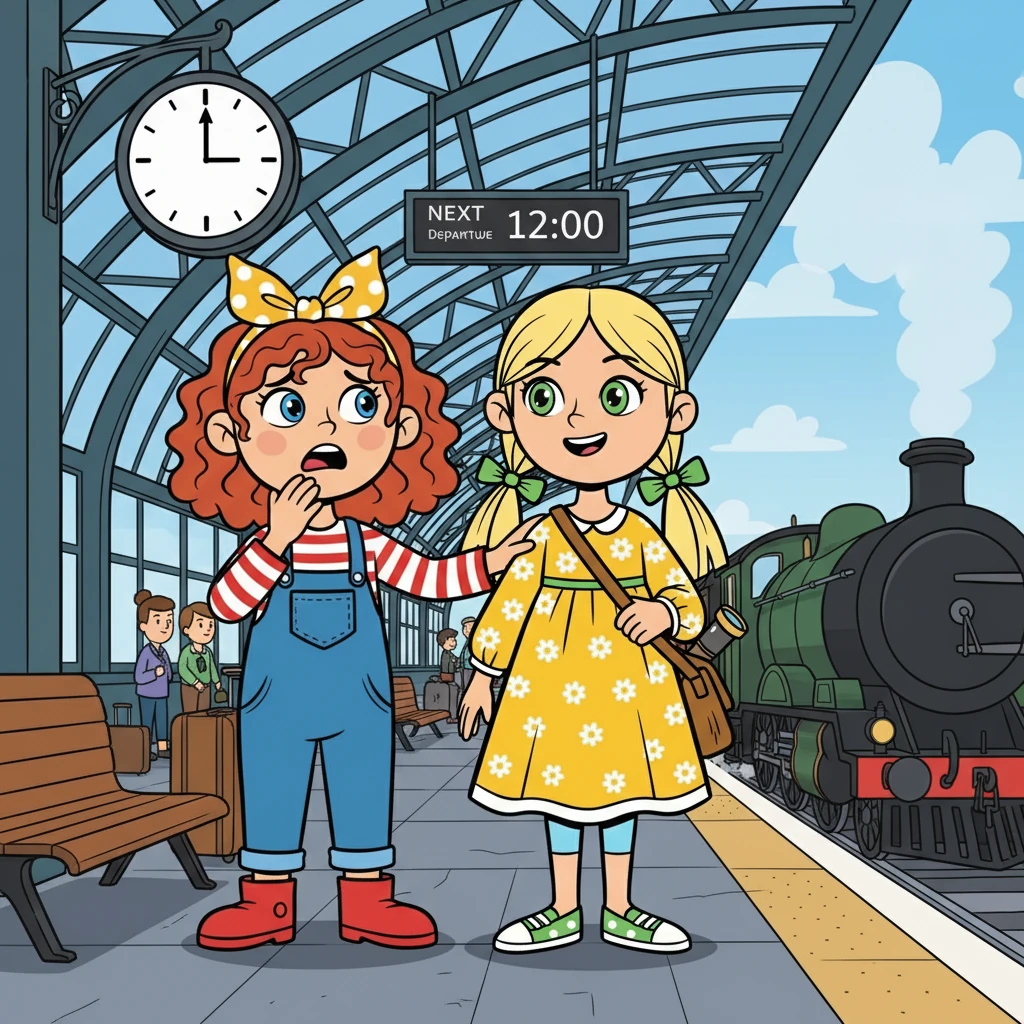 "Oh no! Ho perso il treno!" esclamò Irene, guardando l'orologio. Agnese la rassicurò. "Non preoccuparti, ce n'è un altro a mezzogiorno."