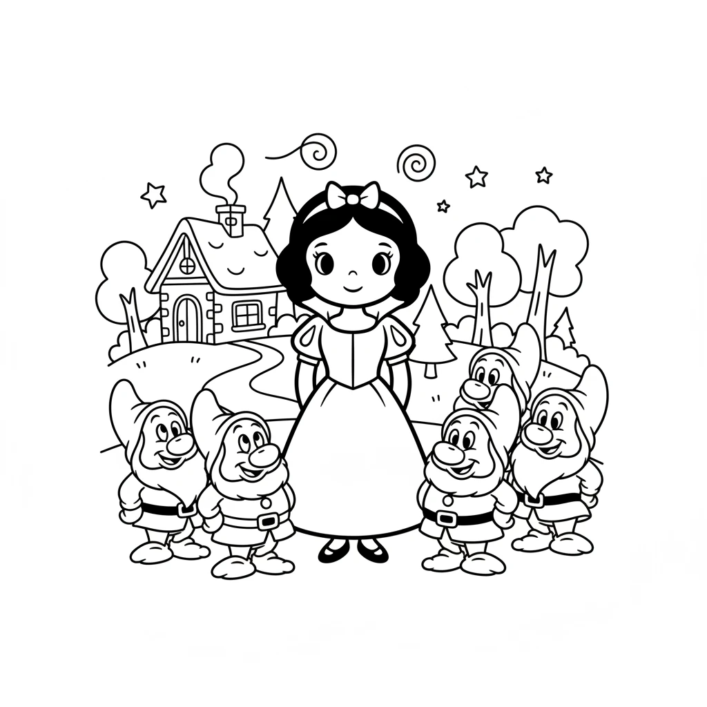 Snow White and the Seven Little Friends - Coloring Pages