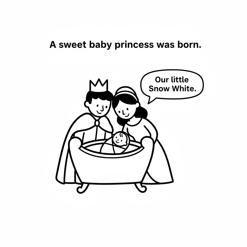 A sweet baby princess was born, with skin as white as snow and lips as red as a rose. Her parents, the King and Queen, loved her very much. They named