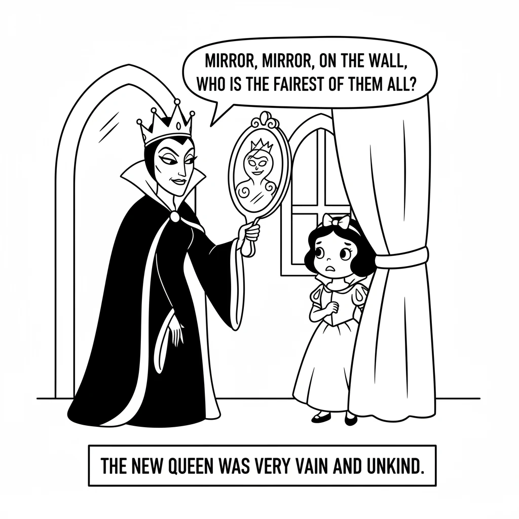 Snow White's mother passed away, and her father married a new queen. This new queen was very beautiful but also very vain and unkind. She wanted to be